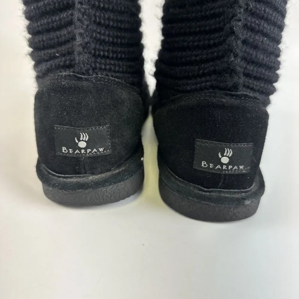 Bearpaw Knit Tall Boot Black Sheepskin Stretch Button Foldover Pull On Womens 9